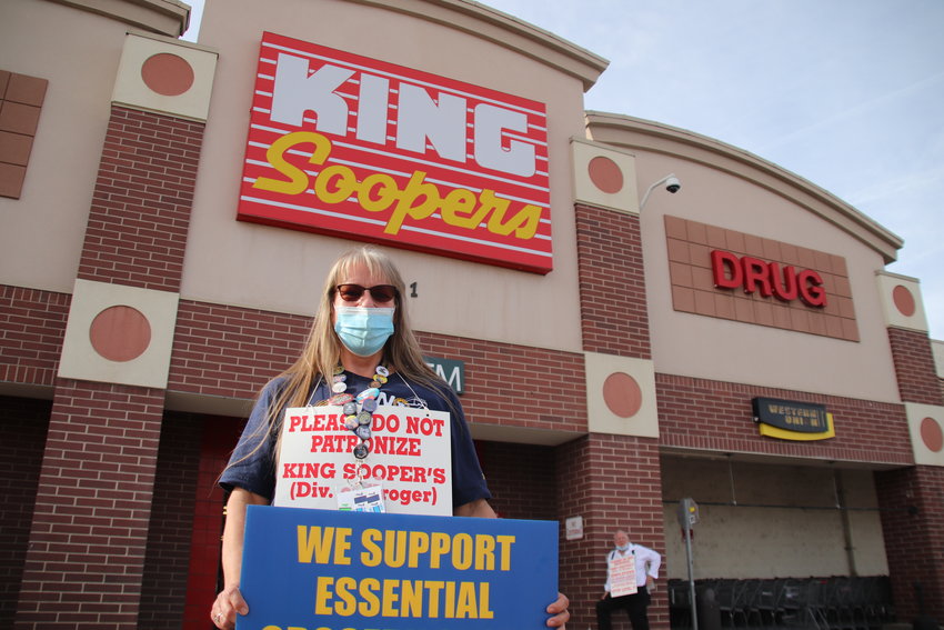 Theresa Wiberg, a strike captain and negotiator, stands outside the King Soopers store at 101 Englewood Pkwy where she has worked for 16 years.